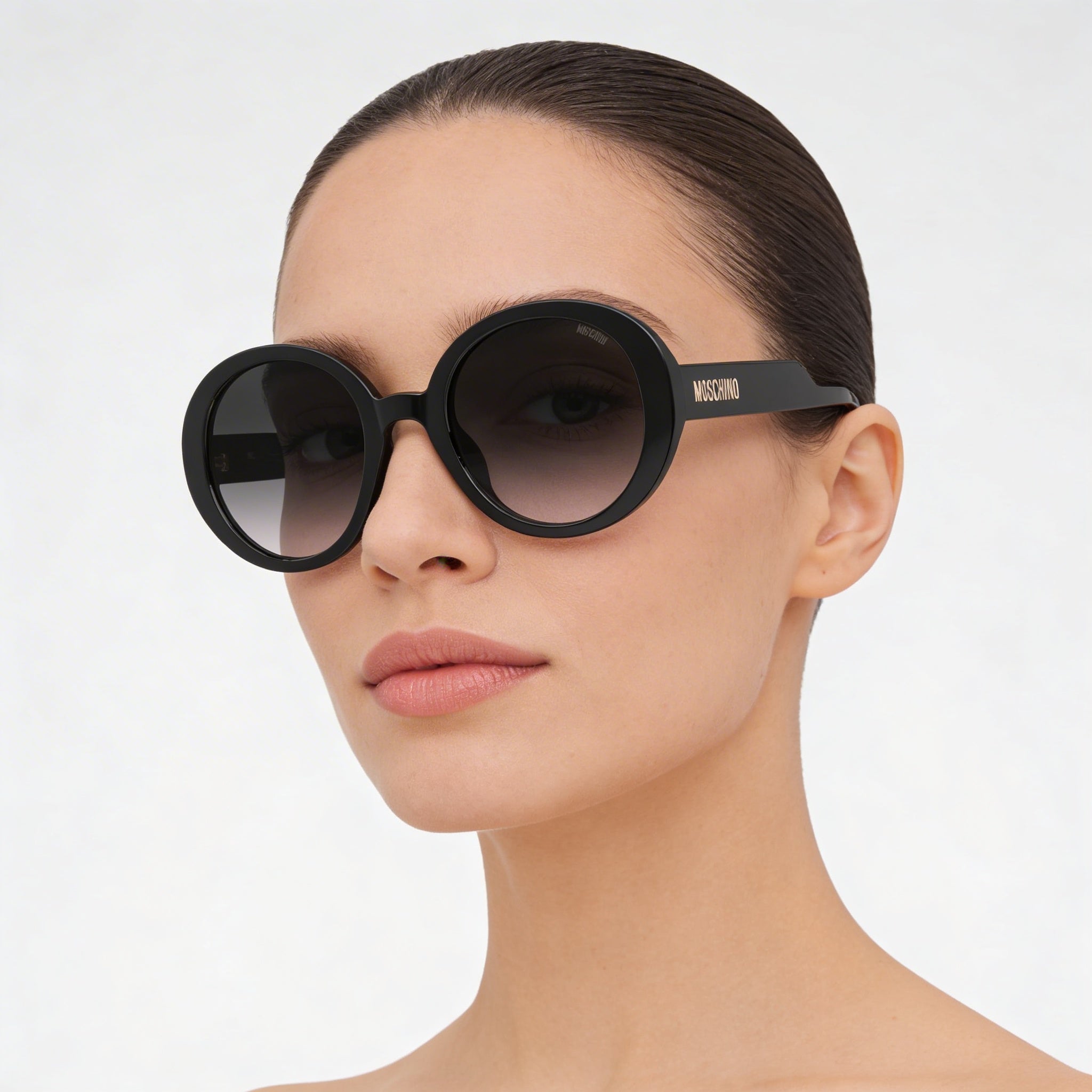 Moschino Mos125/S Women's Black Plastic Frame Dark Grey Shaded Gradient Round Sunglasses with 100% UV Protection 52mm, Photo 4