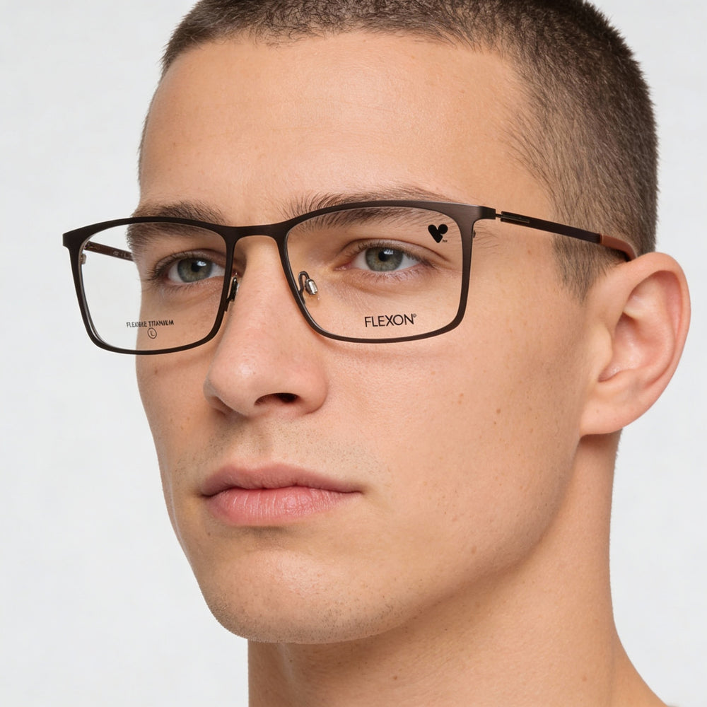 Monturas de gafas Flexon Optical para hombre, aptas para prescripción médica, con lentes transparentes de demostración, color sepia metalizado mate.