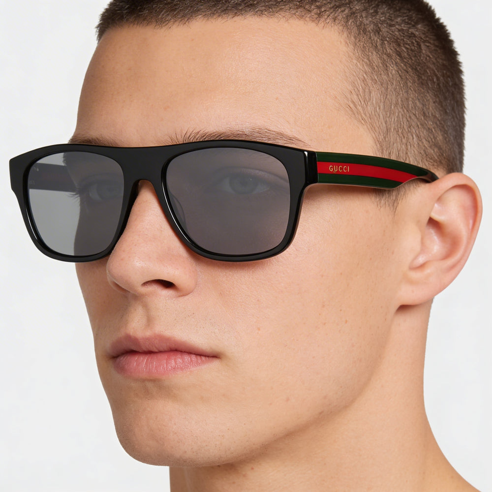 Gucci Gg0341S Men’s Rectangle Black Multicolour Grey Plastic Frame UV Protection Sunglasses 56mm