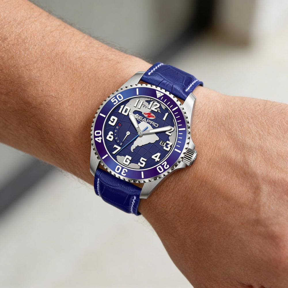 Seapro Men's Quartz Movement Watch with Blue Dial, Stainless Steel Case, Leather Strap & Water Resistance