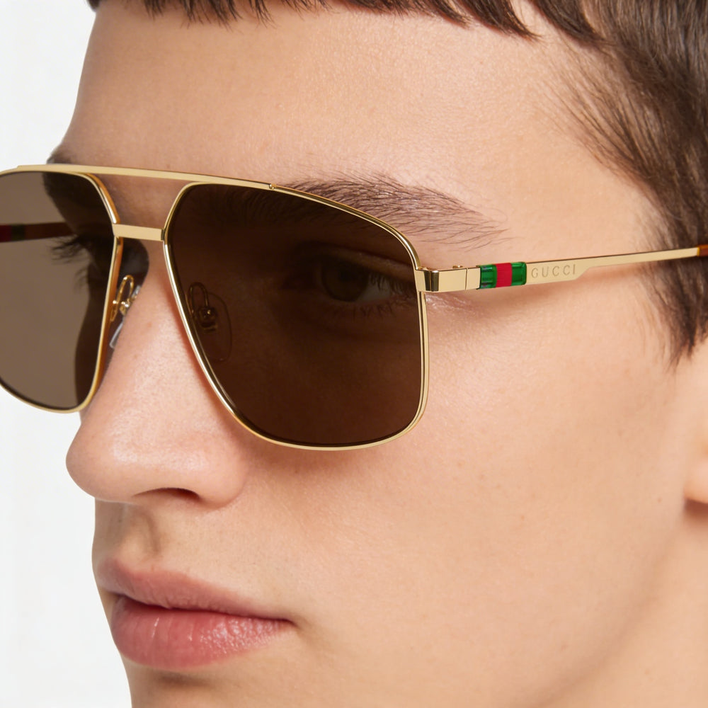 Gafas de sol unisex Gucci Casual de metal con montura en color oro-marrón y lentes a juego en oro-marrón, 60 mm