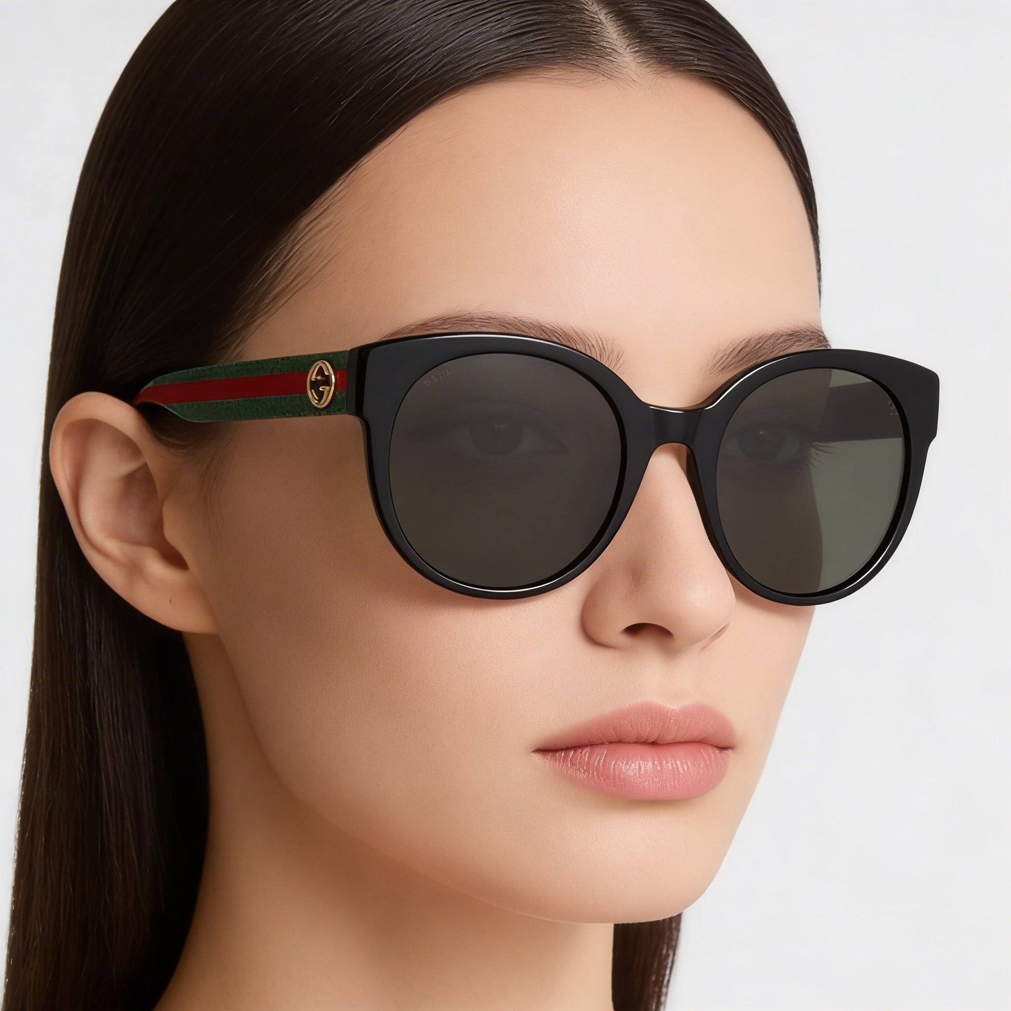 Gafas de sol de plástico negro brillante redondas de moda Gucci GG0035SN para mujer con protección UV degradado verde negro de 54 mm, Photo 4