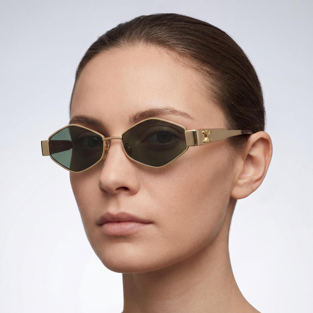 Gafas de sol Celine de mujer Triomphe de metal CL40254U geométricas de metal dorado con lentes verdes, 100% protección UV, 54 mm