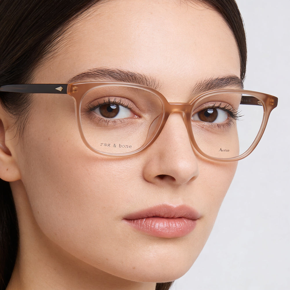 Gafas modernas para mujer Rag & Bone con montura de acetato marrón y lentes de policarbonato de 52 mm de ancho.