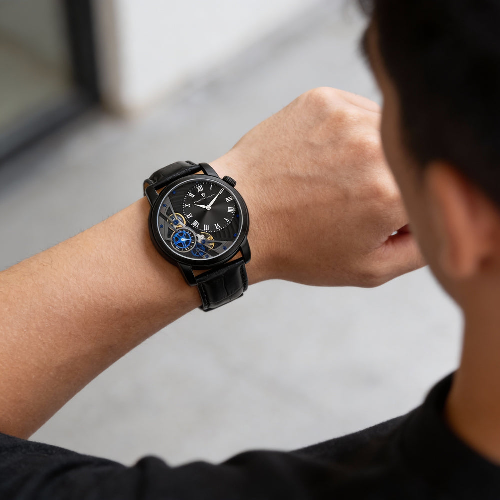 Christian Van Sant Quartz Movement Men's Black Stainless Steel Case Leather Strap Water Resistant Watch