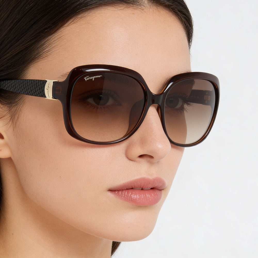 Gafas de sol graduadas Salvatore Ferragamo SF739SA 210 para mujer, de plástico marrón, de gran tamaño, con degradado marrón, protección UV, 59 mm