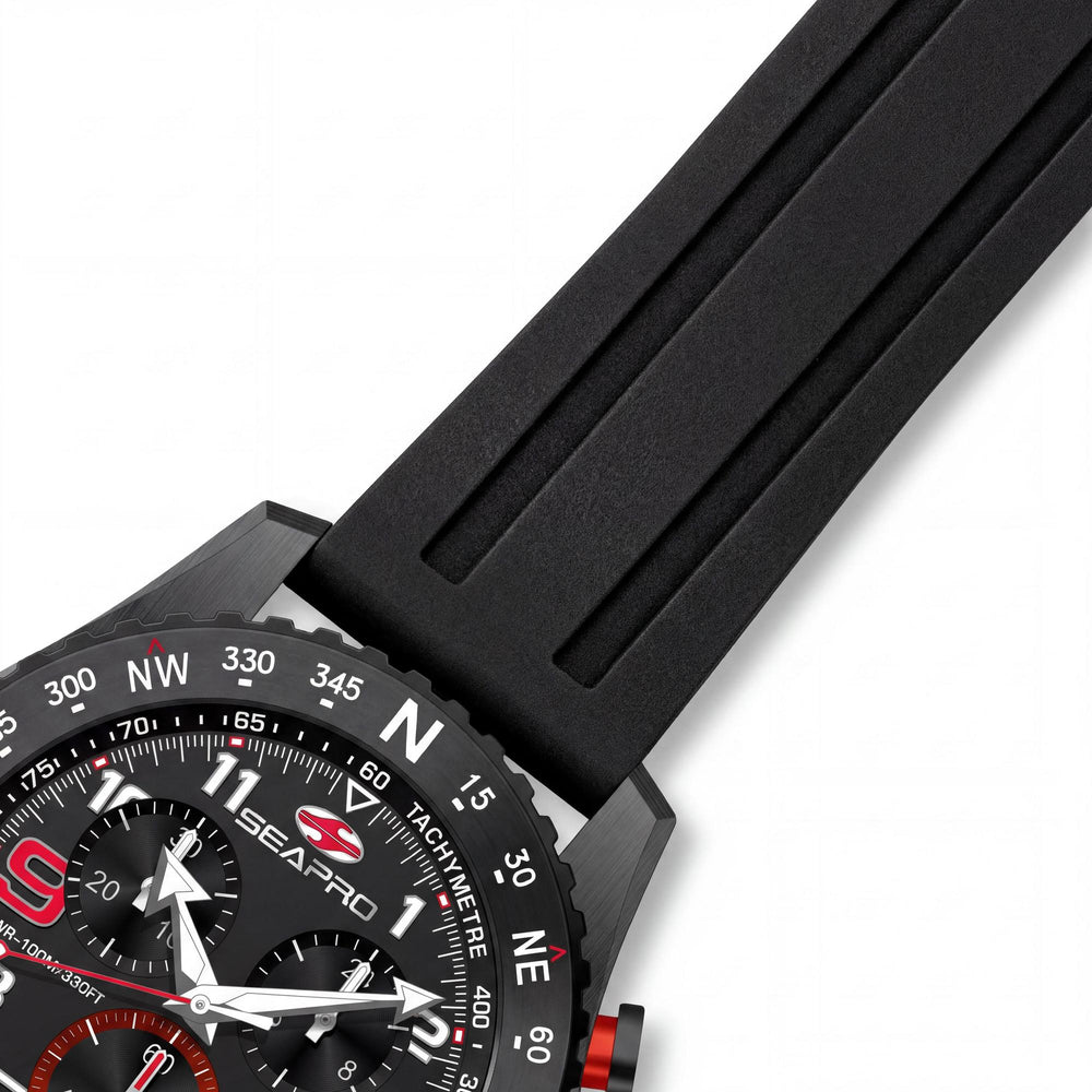 Reloj cronógrafo de cuarzo Seapro para hombre, caja de acero inoxidable negra, esfera negra, correa de caucho, resistente al agua hasta 100 m.