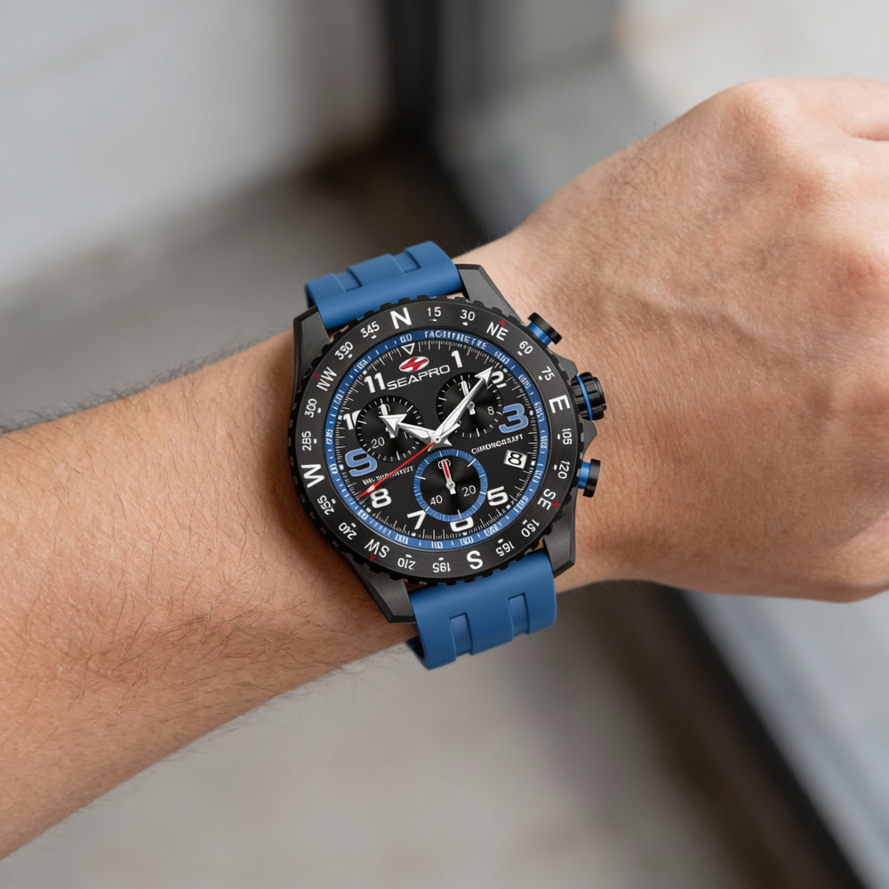 Seapro Men's Quartz Chronograph Watch Black Stainless Steel Case Rubber Strap