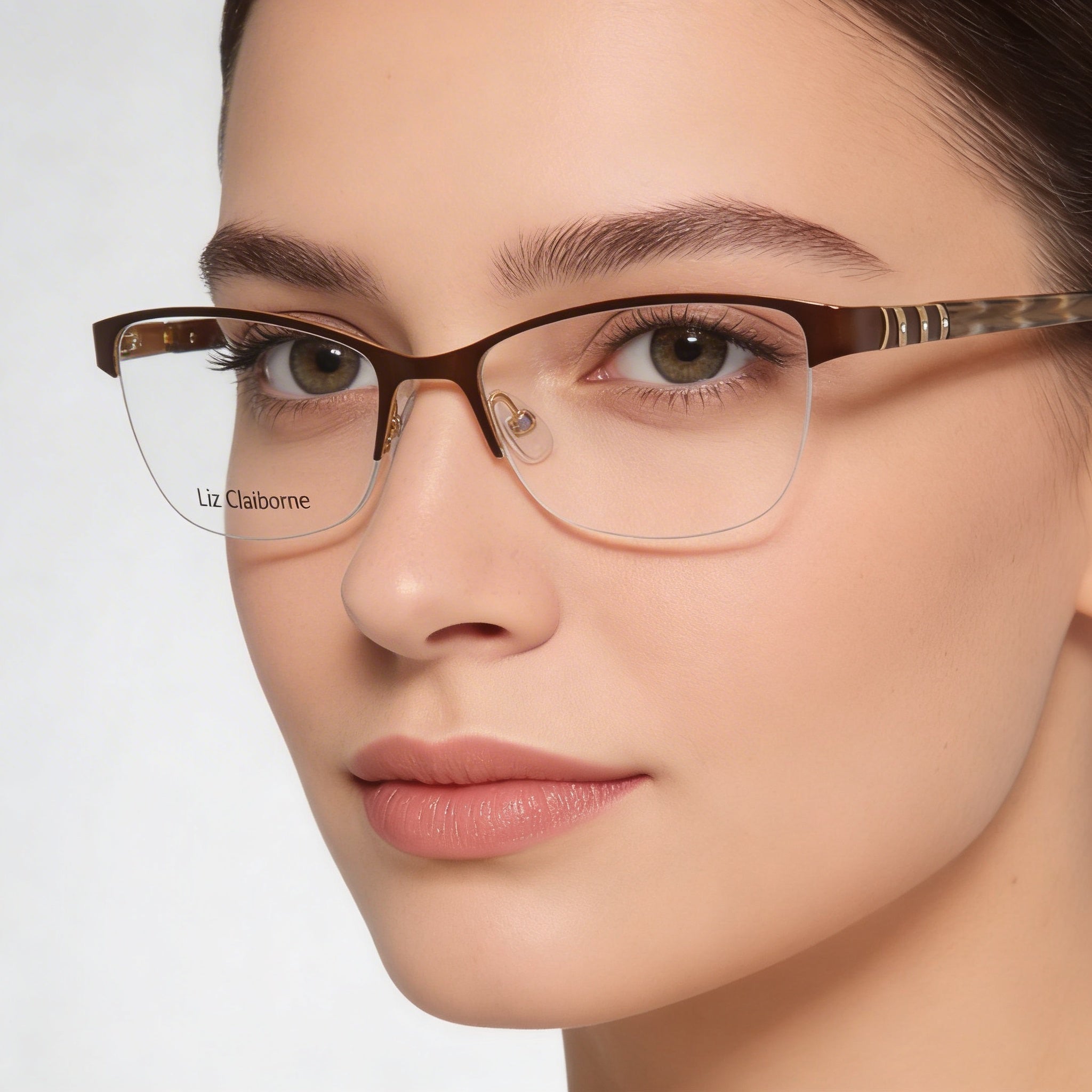 Liz Claiborne 615 Women's Brown Cat Eye Metal & Acetate Prescription Ready Optical Frames with Clear Demo Lenses 51mm, Photo 3