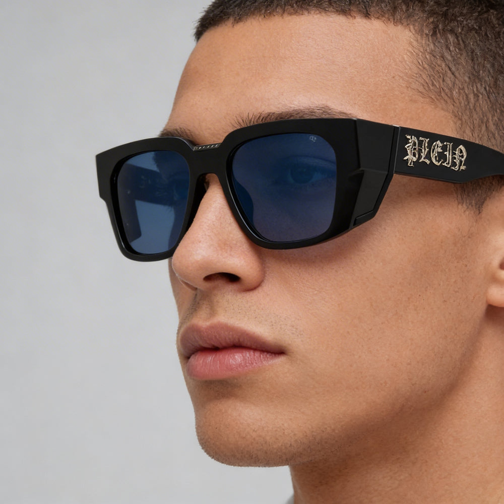 Philipp Plein Spp130m Men's Shiny Black Cellulose Acetate Sunglasses, Blue Non-Polarized UV Protection Lenses, 54mm