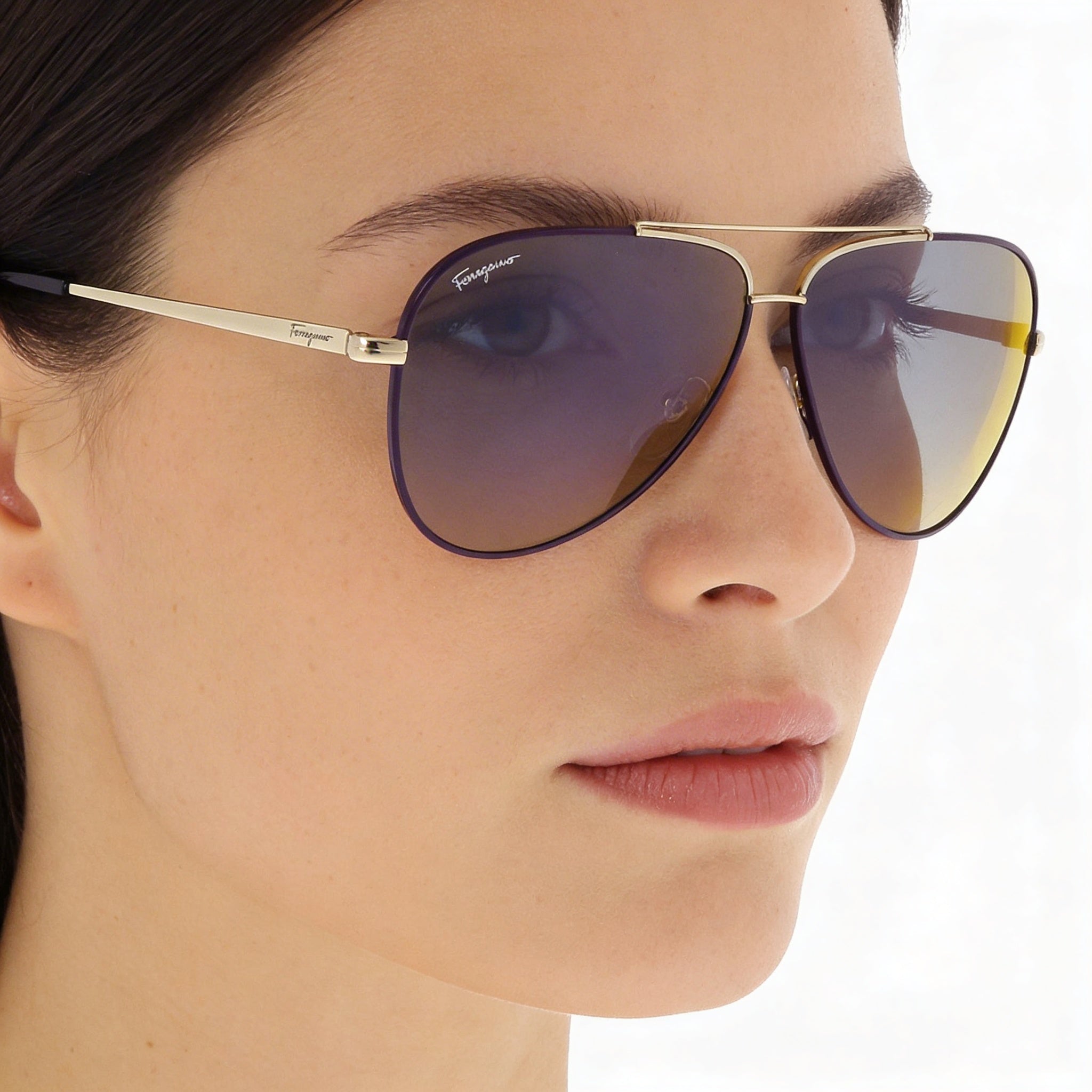 Ferragamo Women's Aviator Metal Light Gold Purple Enamel Sunglasses Purple Mirror Lens 60mm UV Protected, Photo 3