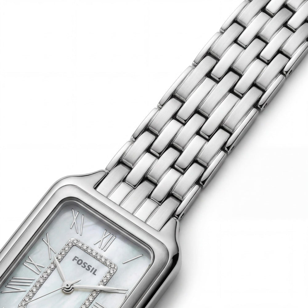 Fossil Raquel ES5306 Reloj de mujer de acero inoxidable plateado con tres manecillas y fecha, esfera de nácar, 26 mm