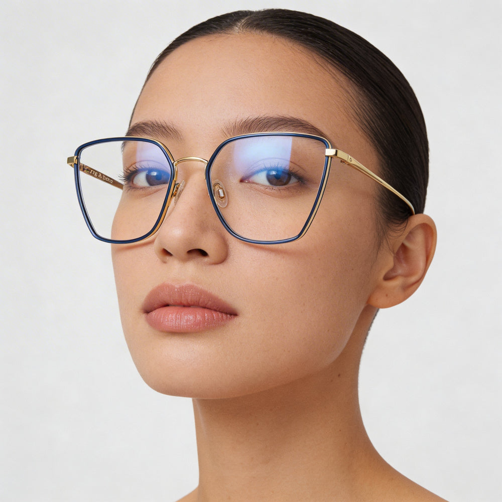 Gafas Rag & Bone Rnb3028 de acero inoxidable azul dorado para mujer, 55 mm