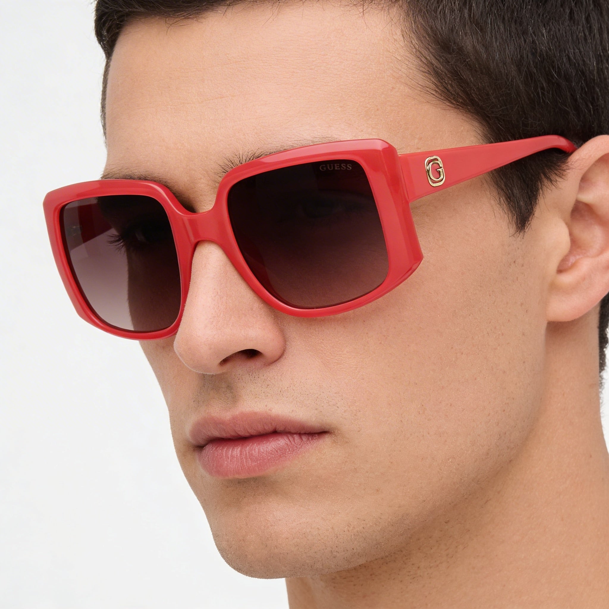 Gafas de sol GUESS modernas para hombre, montura de plástico monocolor rosa con lentes marrones degradadas con protección UV de 53mm, Photo 4