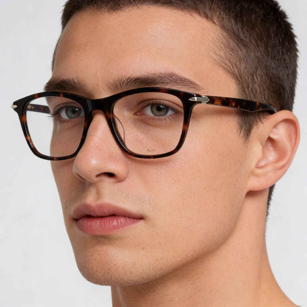 Gafas de hombre Rag & Bone con montura de acetato havana y lentes de plástico transparente, ancho de la lente 51 mm, ancho del puente 19 mm, largo de la patilla 145 mm