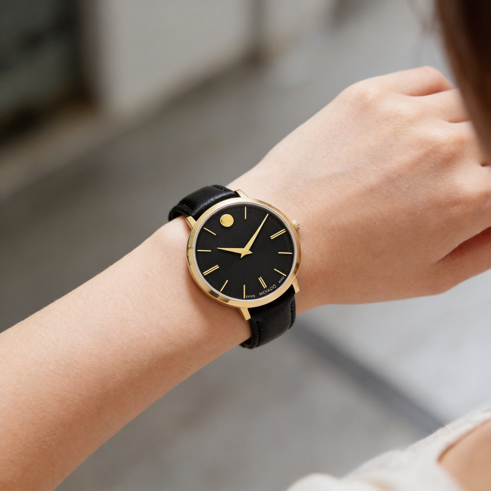 Reloj de cuarzo Movado para mujer con correa de cuero, caja de acero inoxidable y esfera negra, resistente a los arañazos, resistente al agua 3 ATM