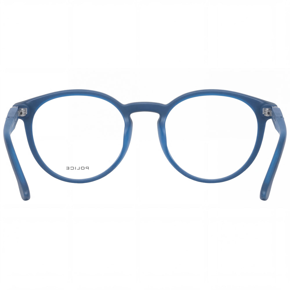 Gafas unisex modernas Police con montura de acetato azul y metal, lentes de policarbonato transparente, tamaño 52 mm.