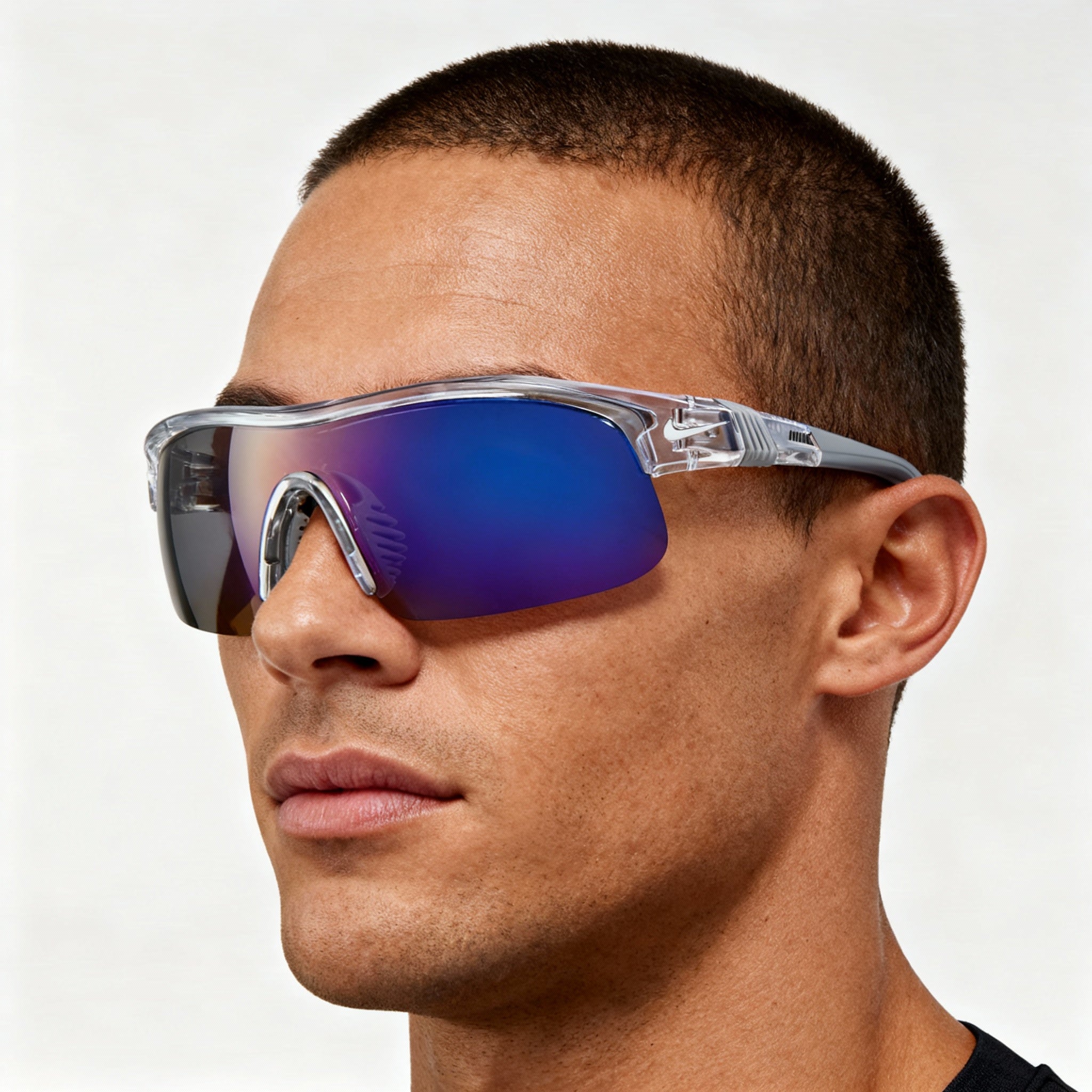 Nike Modern Men's Sustainable Plastic Sunglasses, Wolf Grey Frame, Blue Mirror Lenses, 58mm, Photo 3