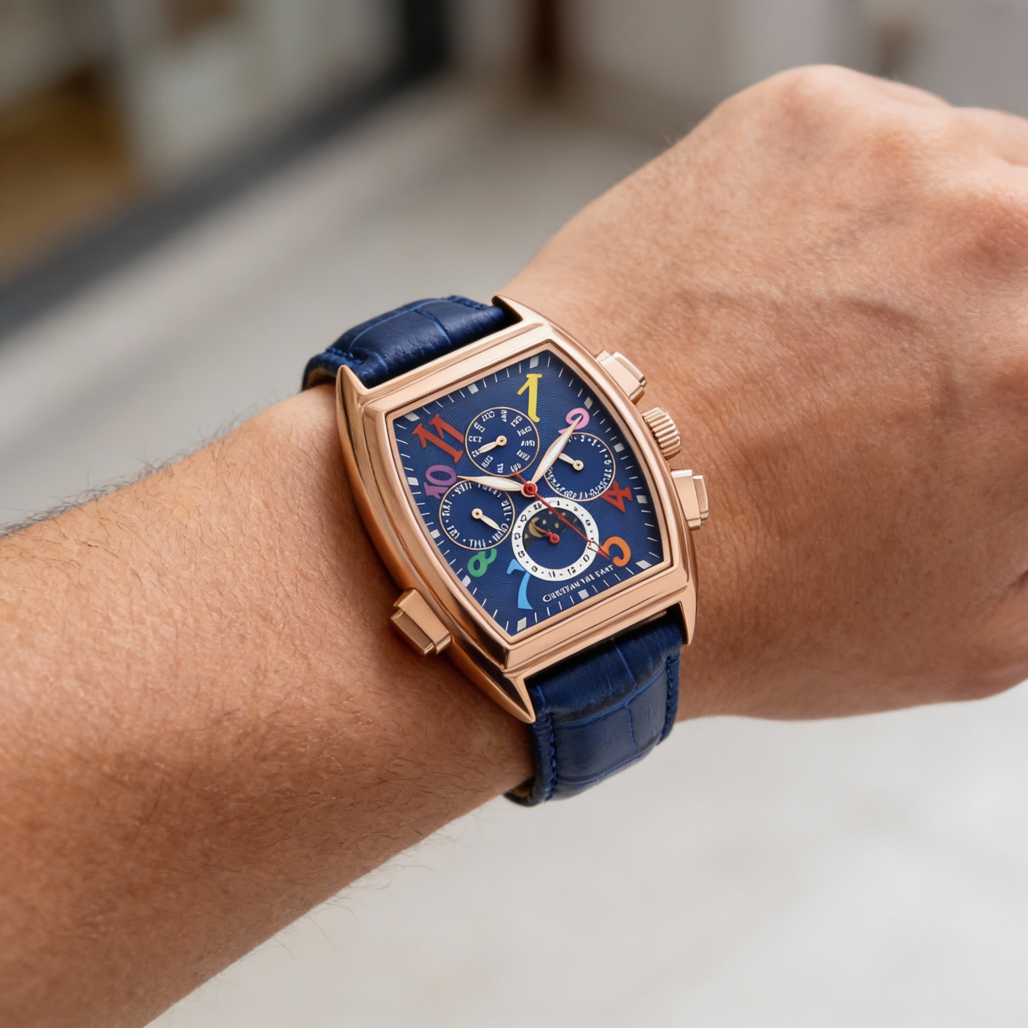 Christian Van Sant Modern Men's Blue Dial Stainless Steel Automatic Water Resistant Watch with Leather Strap, Photo 3