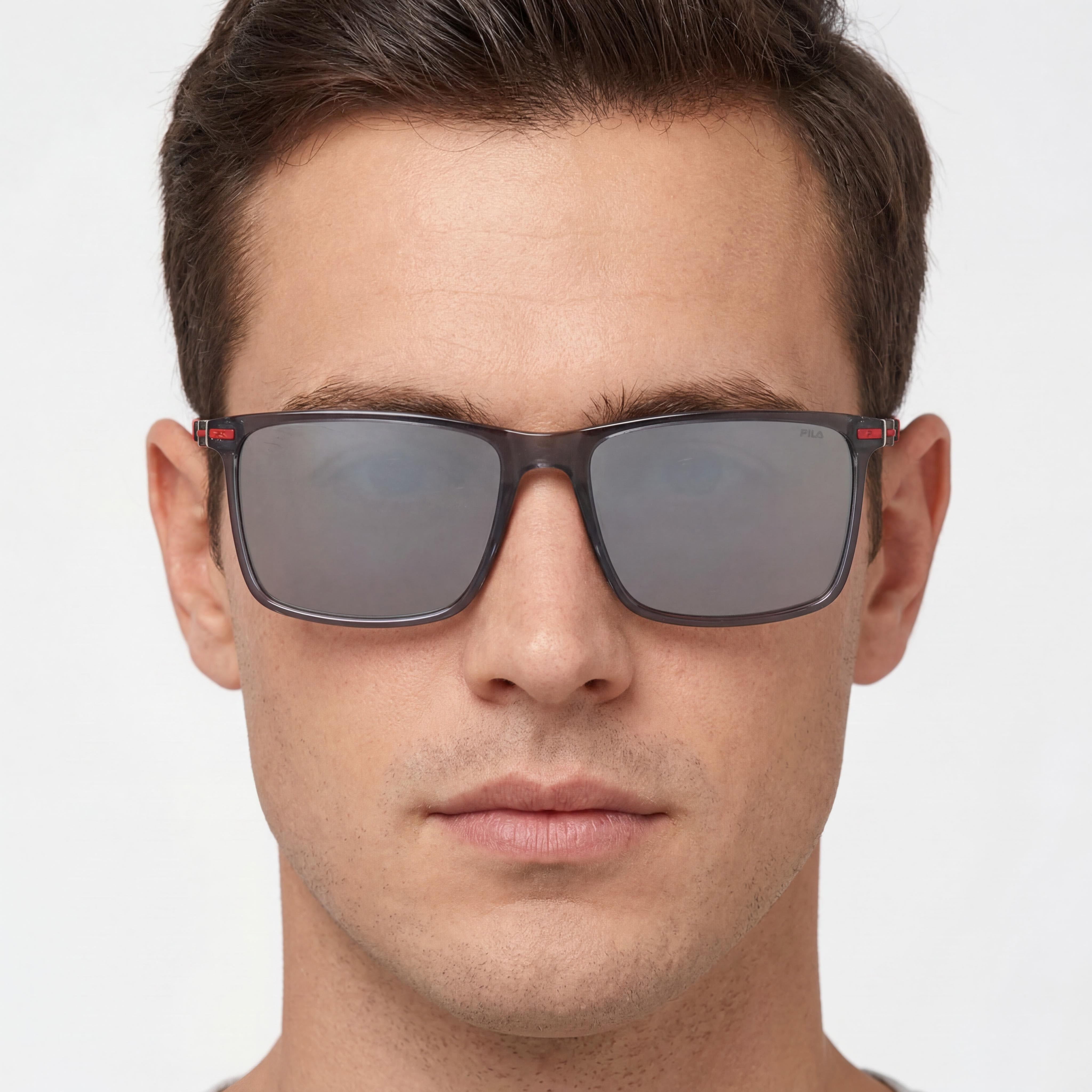 Gafas de sol informales Fila para hombre, lentes de tritán, montura gris asfalto brillante, espejo plateado ahumado, protección UV, 57 mm, Photo 3