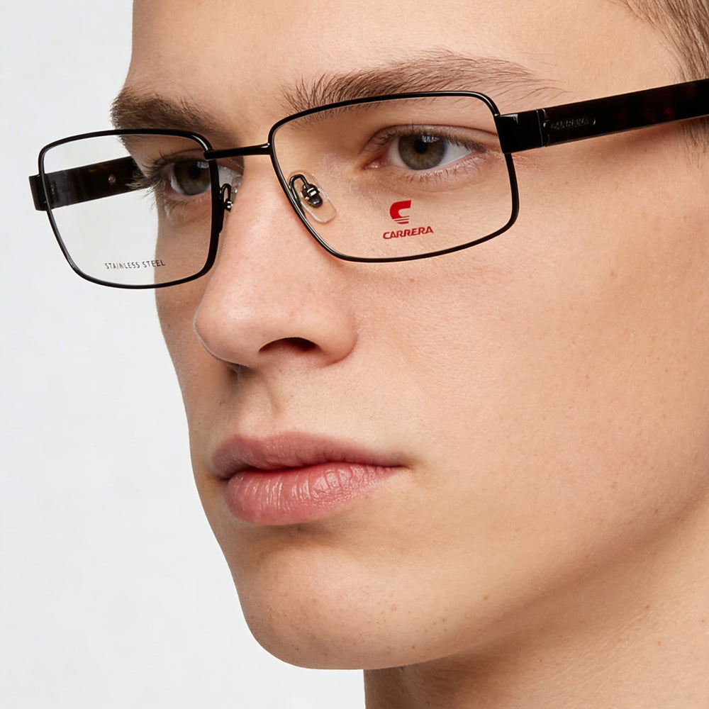 Gafas unisex Carrera 8887 de estilo moderno con montura de acero de aleación, color negro, ancho de lente de 57 mm