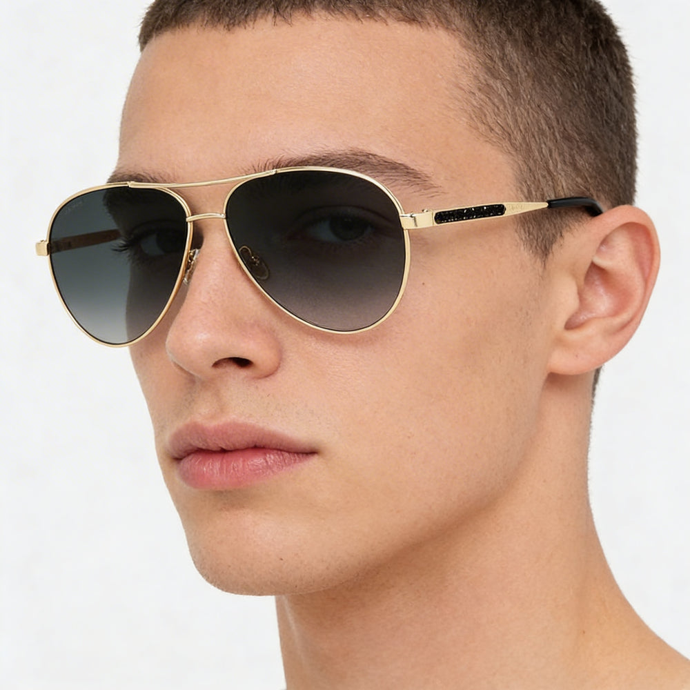 JIMMY CHOO Gafas de sol clásicas unisex negras con protección UV en oro de acero inoxidable y cristales gris oscuro de 60 mm