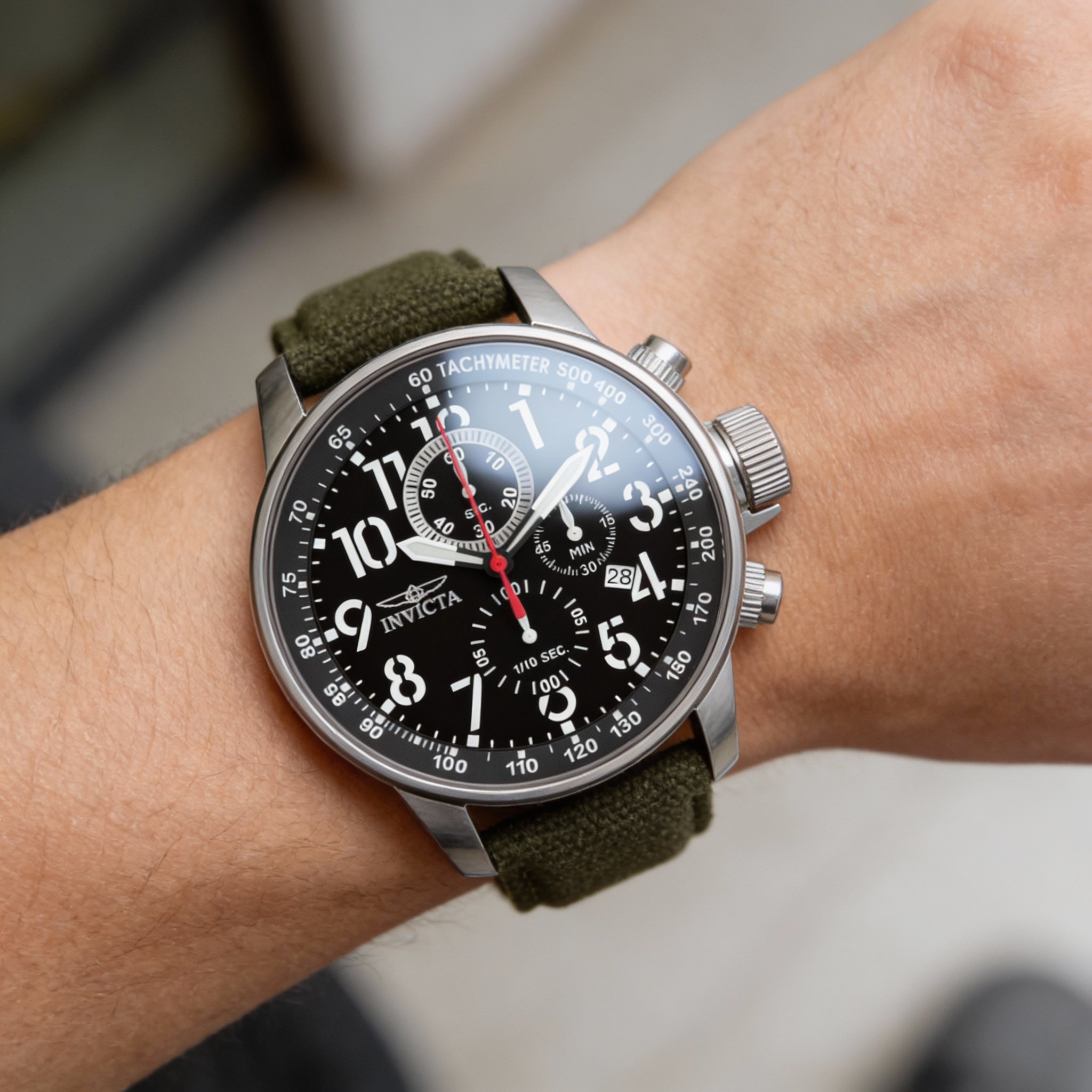 Invicta Chronograph Unisex Black Dial Stainless Steel Case Olive Fabric Strap Watch 46mm, Photo 2