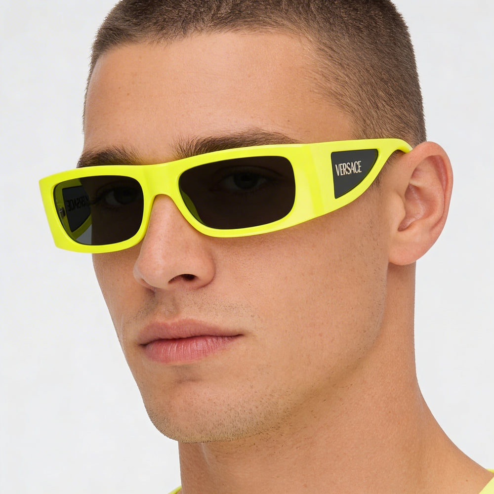 Versace Men's Rectangle Yellow Fluo Plastic Frame Sunglasses with Dark Grey Lenses, 100% UV Protection, 57-16-135mm