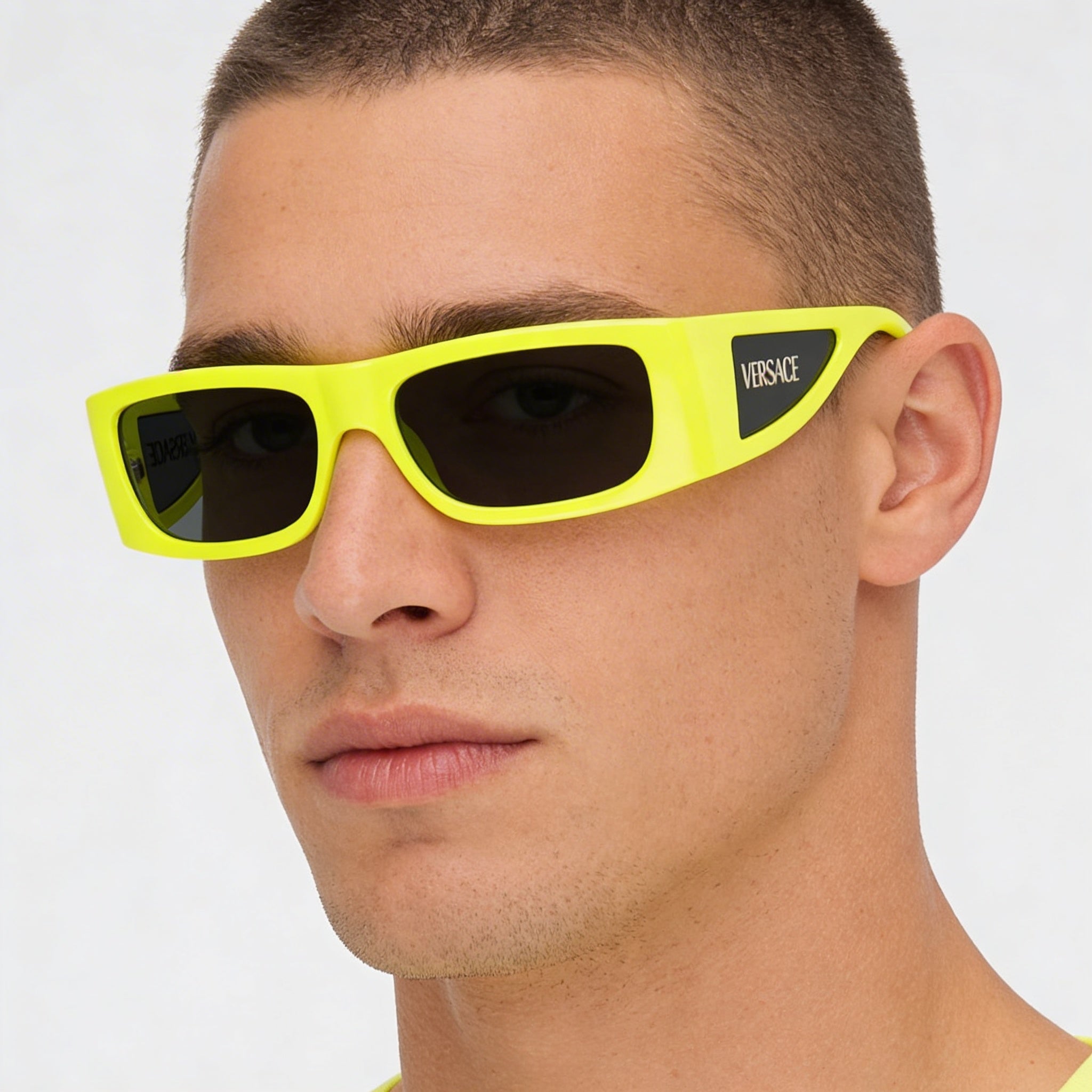 Versace Men's Rectangle Yellow Fluo Plastic Frame Sunglasses with Dark Grey Lenses, 100% UV Protection, 57-16-135mm, Photo 4
