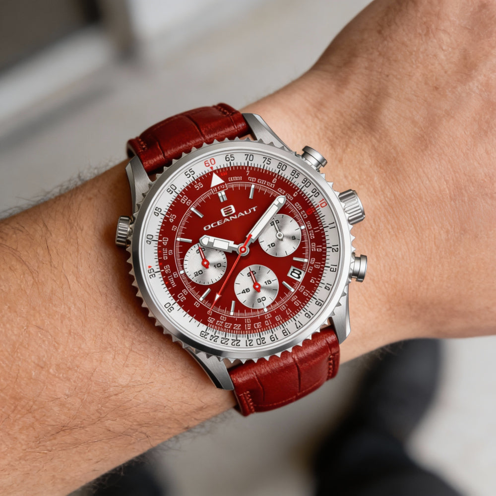 Oceanaut Modern Men's Red Dial Chronograph Quartz Movement Watch, Stainless Steel Case, Leather Strap, Water Resistant 100M