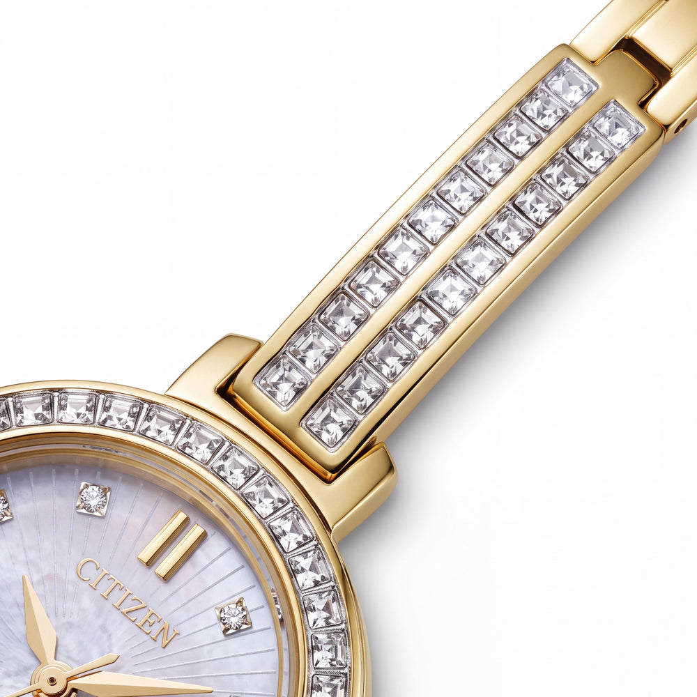Citizen Modern Eco-Drive Gold-Tone Stainless Steel Mother of Pearl Dial Water Resistant Unisex 25mm Watch