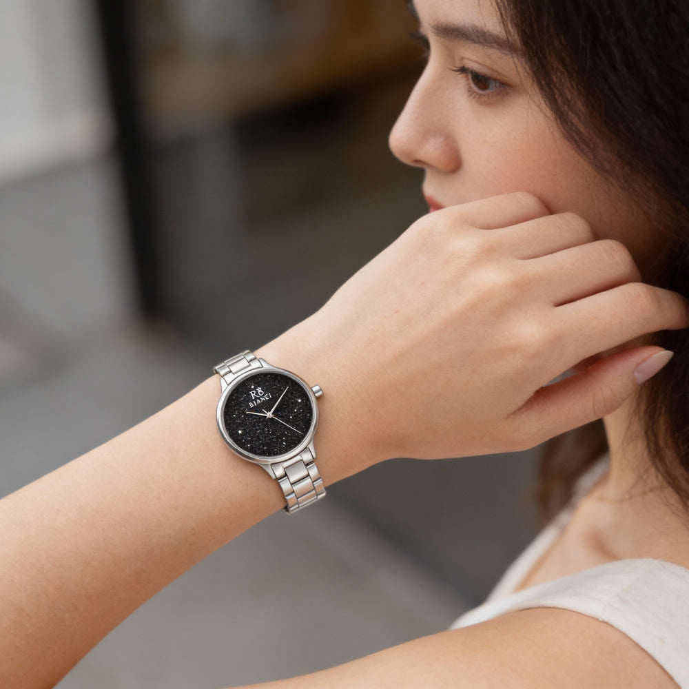 Reloj casual Roberto Bianci para mujer de acero inoxidable negro con esfera adornada con cristales negros
