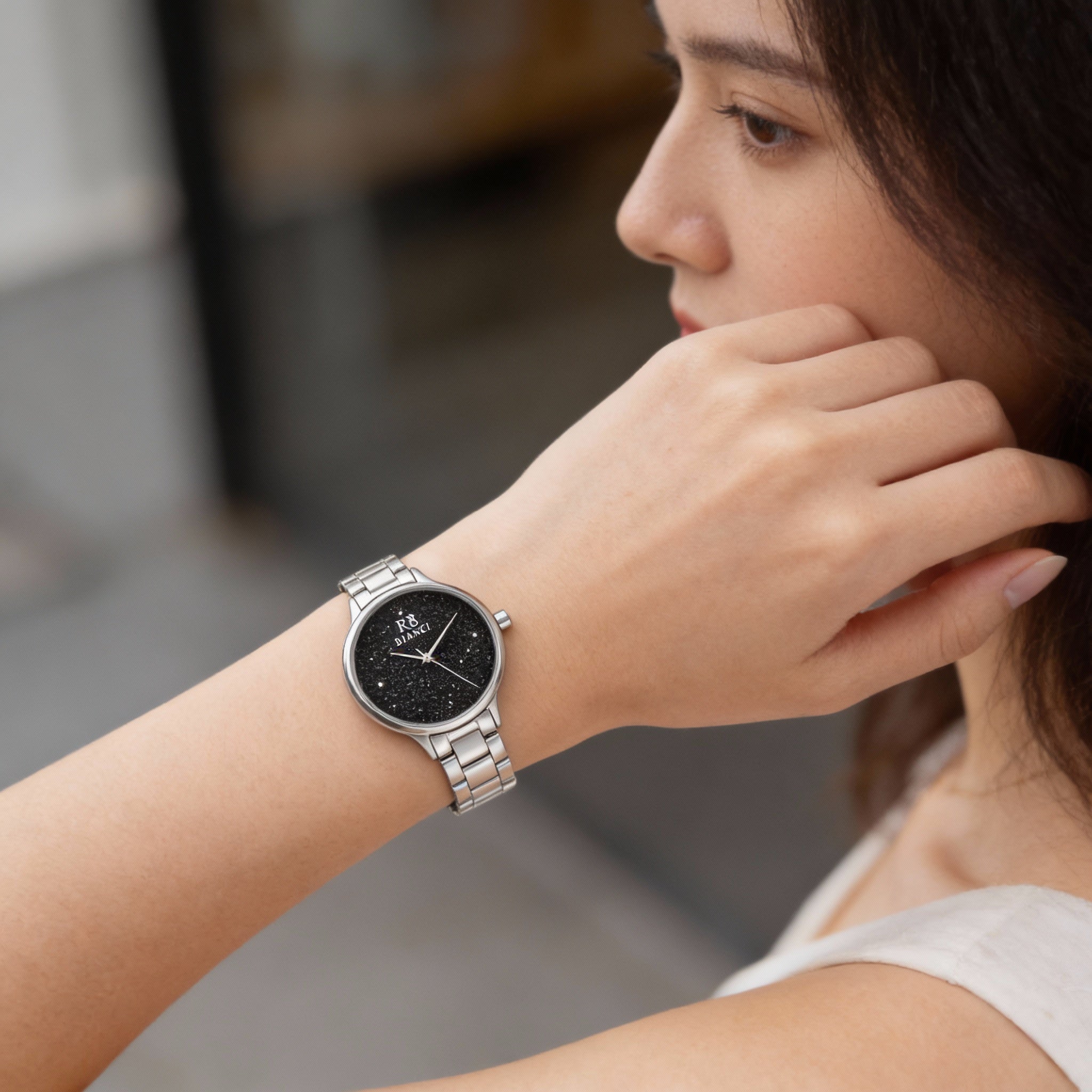 Reloj casual Roberto Bianci para mujer de acero inoxidable negro con esfera adornada con cristales negros, Photo 2