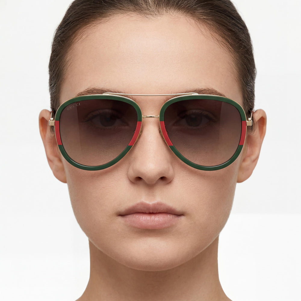 Gucci Unisex Red Plastic Frame Sunglasses with Gold Green Gradient Anti-Reflective Lenses 57mm UV Protection