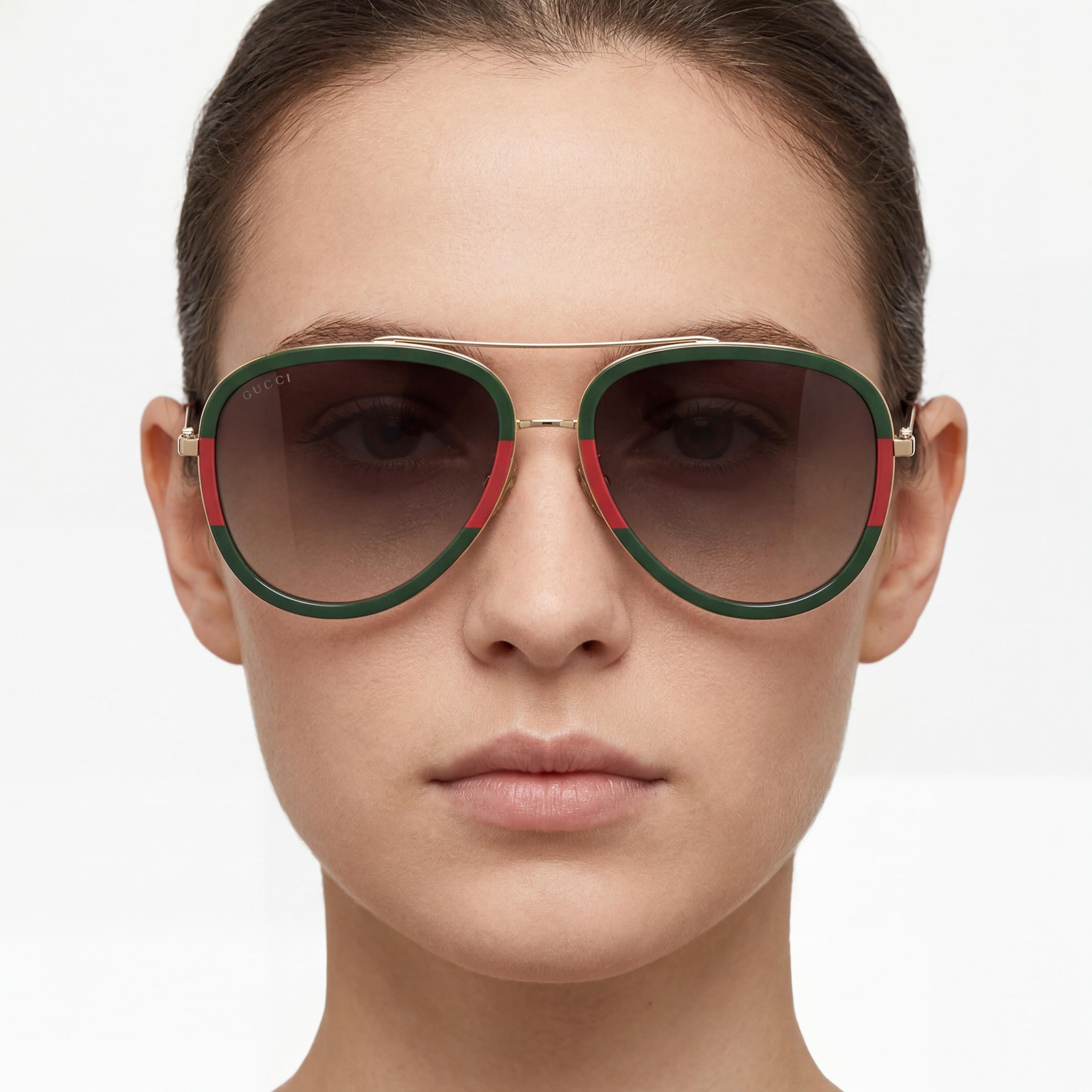 Gucci Unisex Red Plastic Frame Sunglasses with Gold Green Gradient Anti-Reflective Lenses 57mm UV Protection, Photo 3