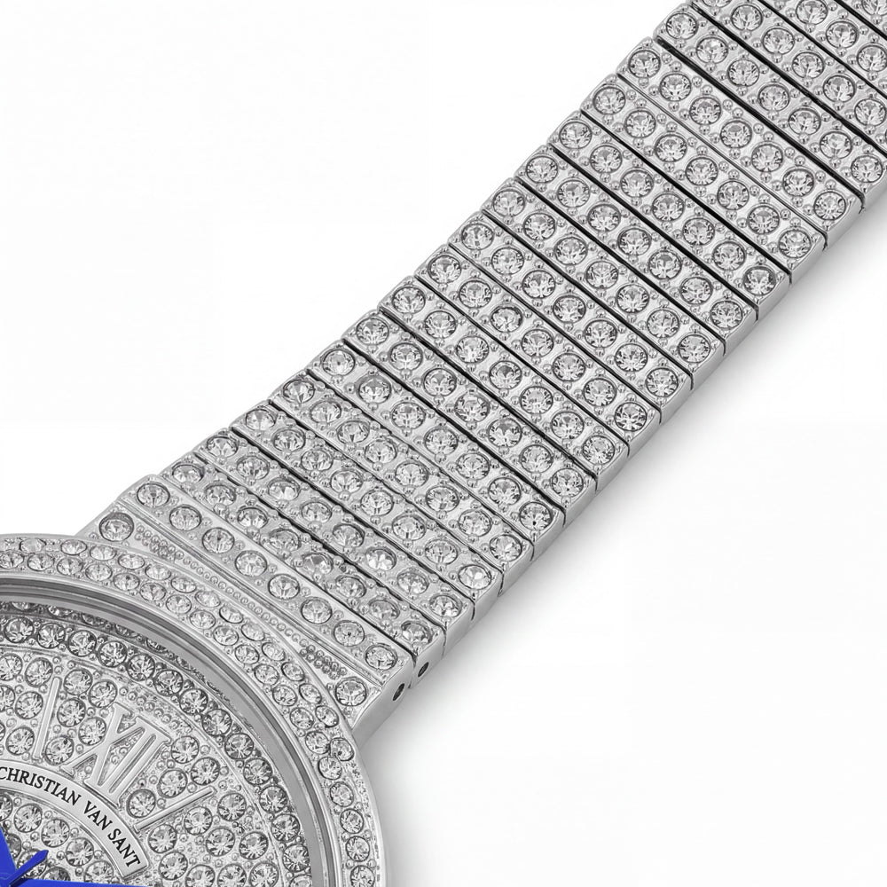 Reloj Christian Van Sant de cuarzo para mujer, correa de acero inoxidable plateada con cristales en el bisel
