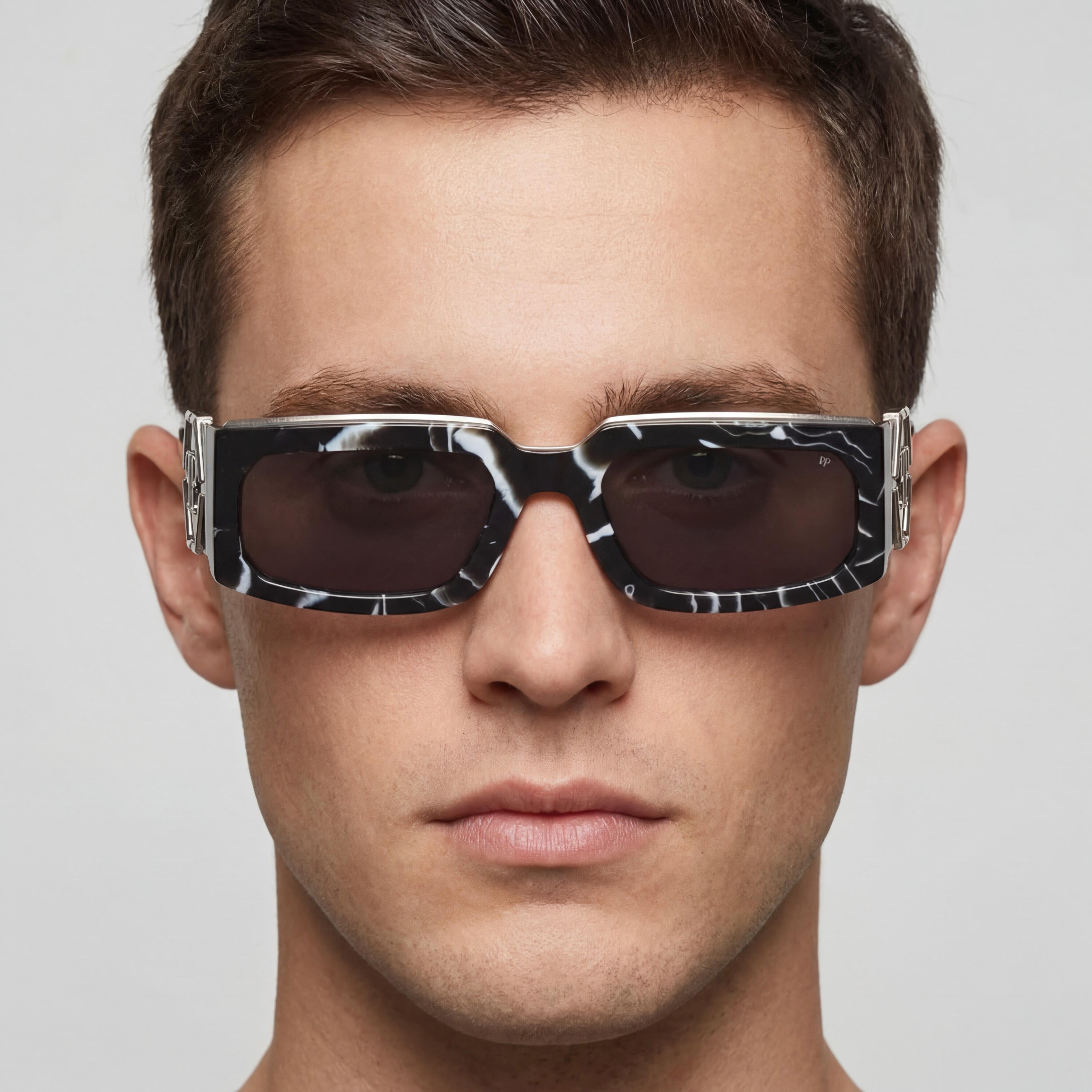 Philipp Plein SPP119M Modern Men's Multi-coloured Acetate Sunglasses, Marbled Black Lenses, 100% UV Protection 58mm, Photo 5