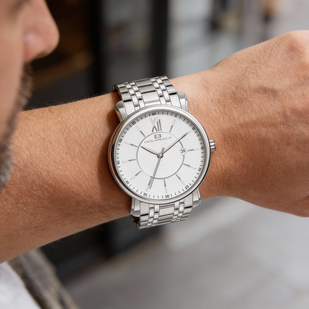 Oceanaut bracelet Men's Stainless Steel Case & Bracelet Water Resistant Watch with White Dial, Quartz Movement, Scratch Resistant Mineral