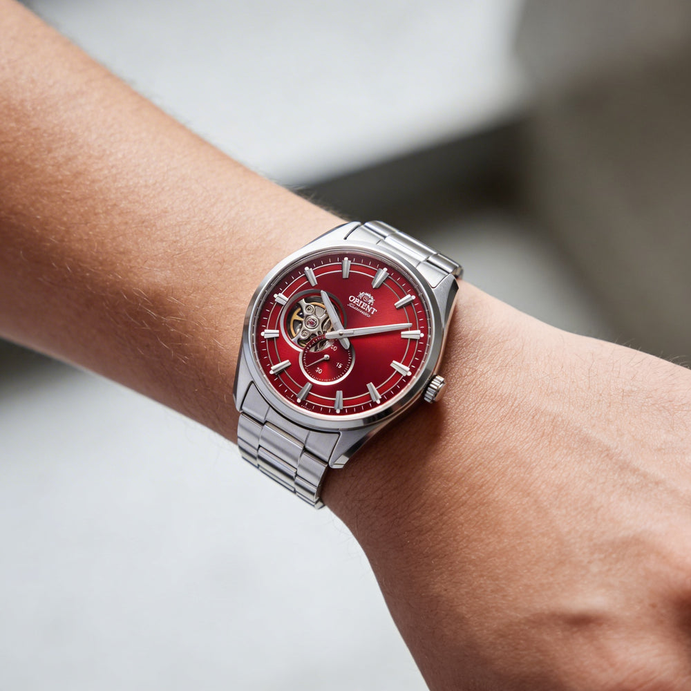 Reloj Orient para hombre, automático, contemporáneo, de corazón abierto, con esfera roja carmín, acero inoxidable, 42 mm