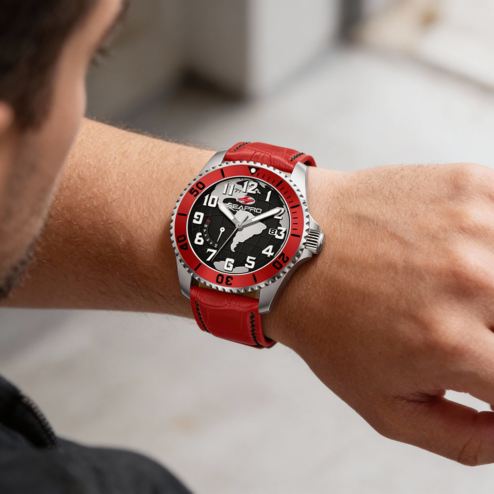 Seapro Modern Men’s Black Stainless Steel & Leather Strap Water Resistant Quartz Watch