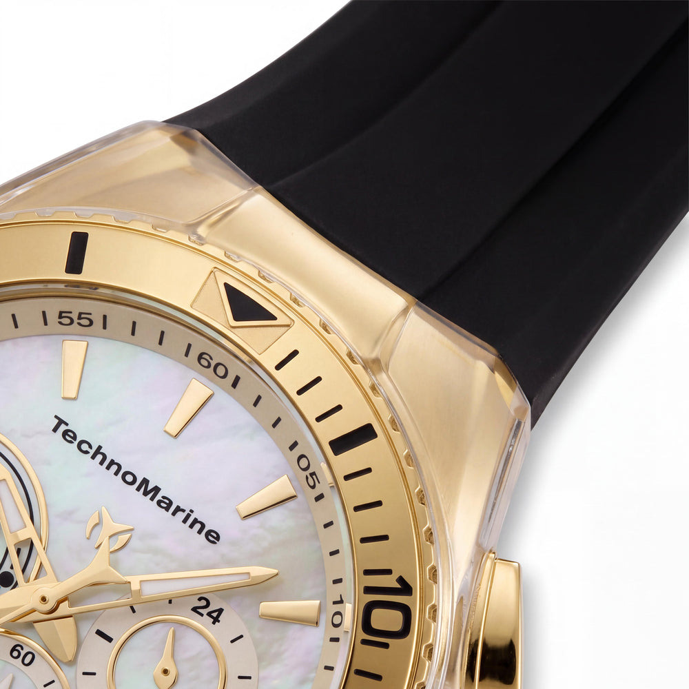 Reloj TechnoMarine TM-120026 para hombre, de acero inoxidable tono dorado, correa de silicona negra, esfera de nácar color champán, 46.65 mm