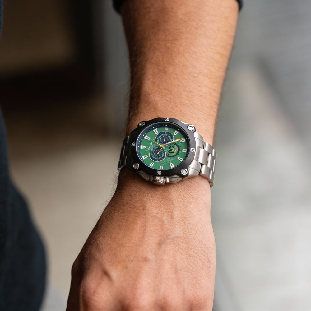 Roberto Bianci Men's casual Chronograph Quartz Watch, Silver Stainless Steel, Green Dial, Water Resistant 100m