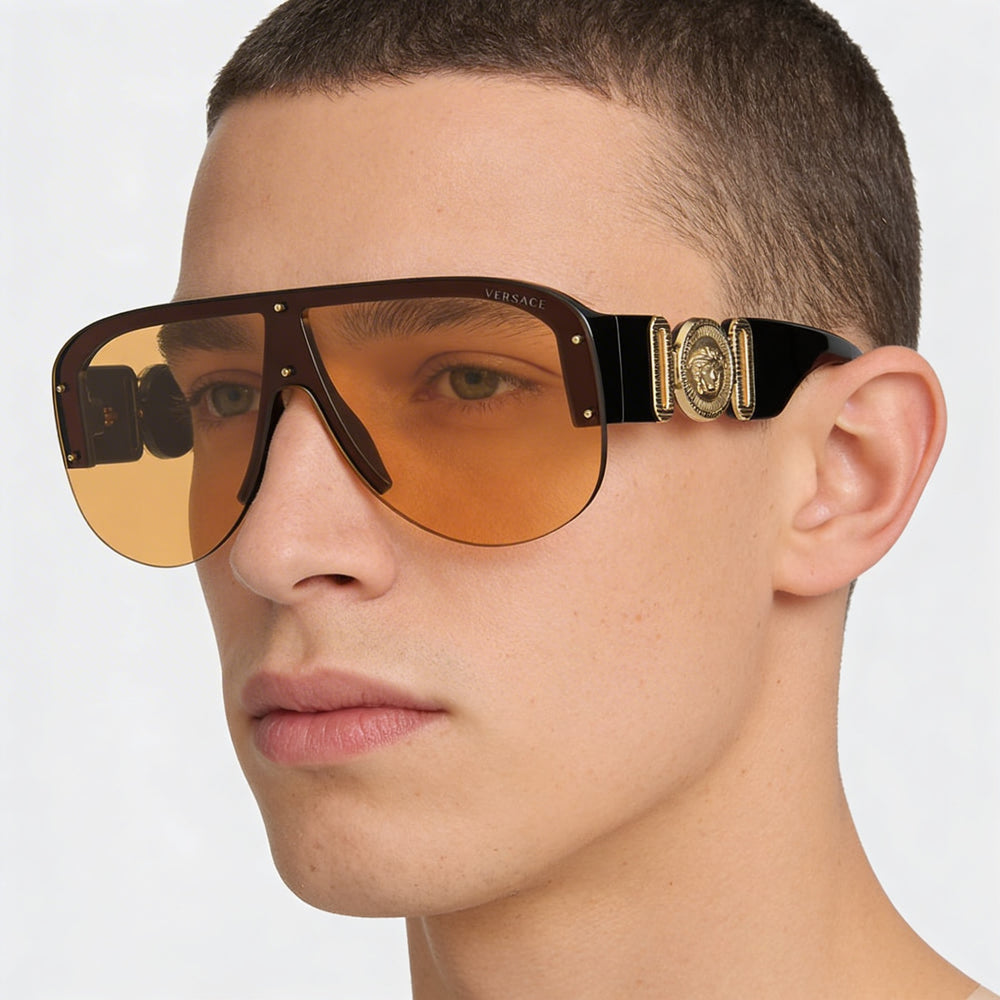 Versace Wayfarers Unisex Black Plastic Frame Orange Lens 48mm UV Protected Non-Polarized Sunglasses