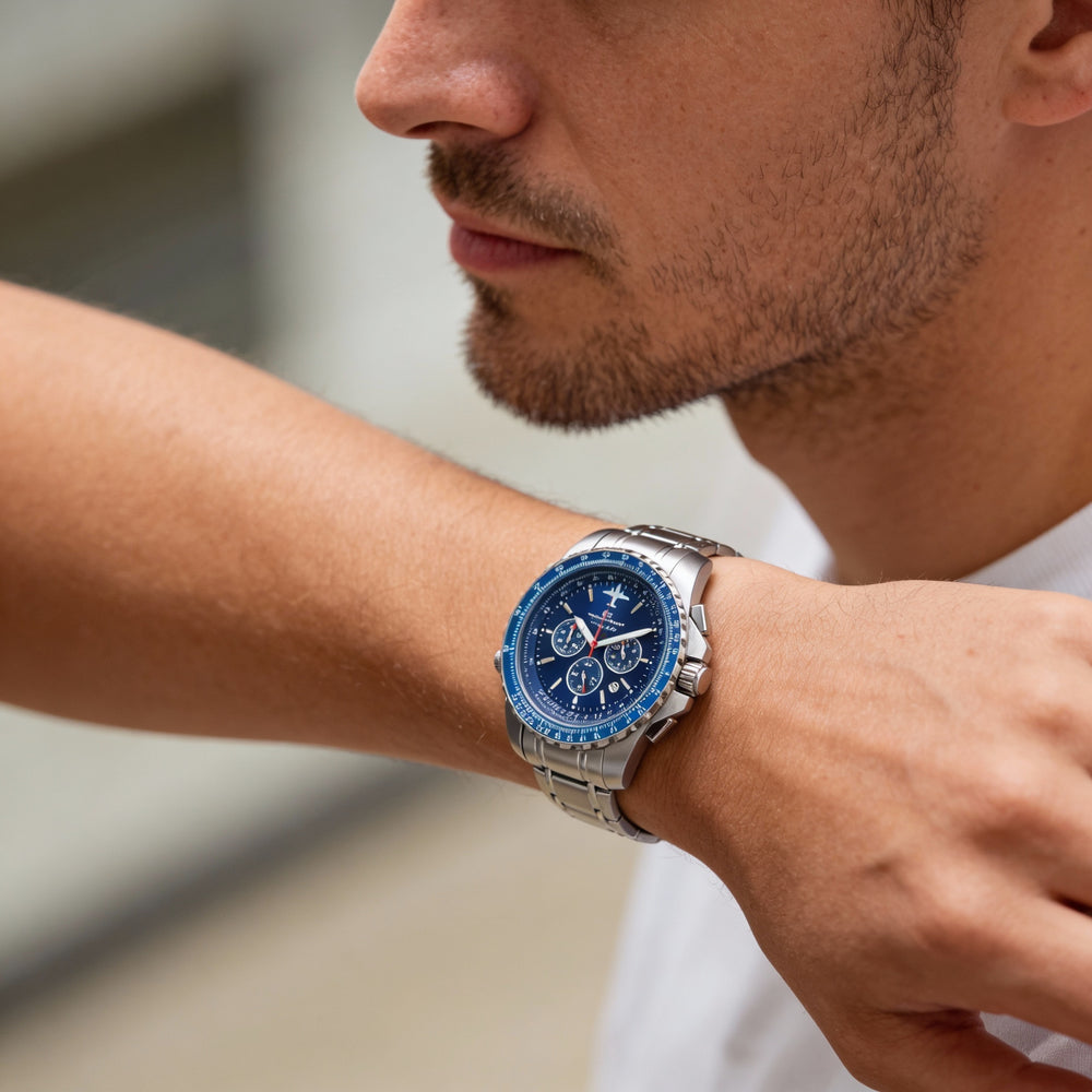 Oceanaut Quartz Movement Men's Silver Chronograph Watch with Rotating Bezel, Date Display, 50m Water Resistant, 45mm Case