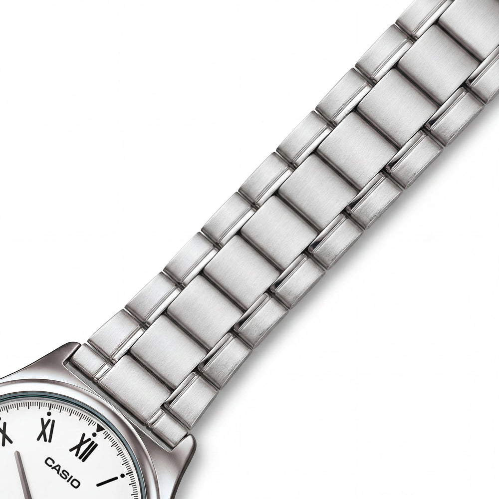Casio MTP-V006D-7BUDF Reloj Minimalista Analógico de Cuarzo para Hombre, de Acero Inoxidable Plateado y Blanco, de 38 mm, Resistente al Agua