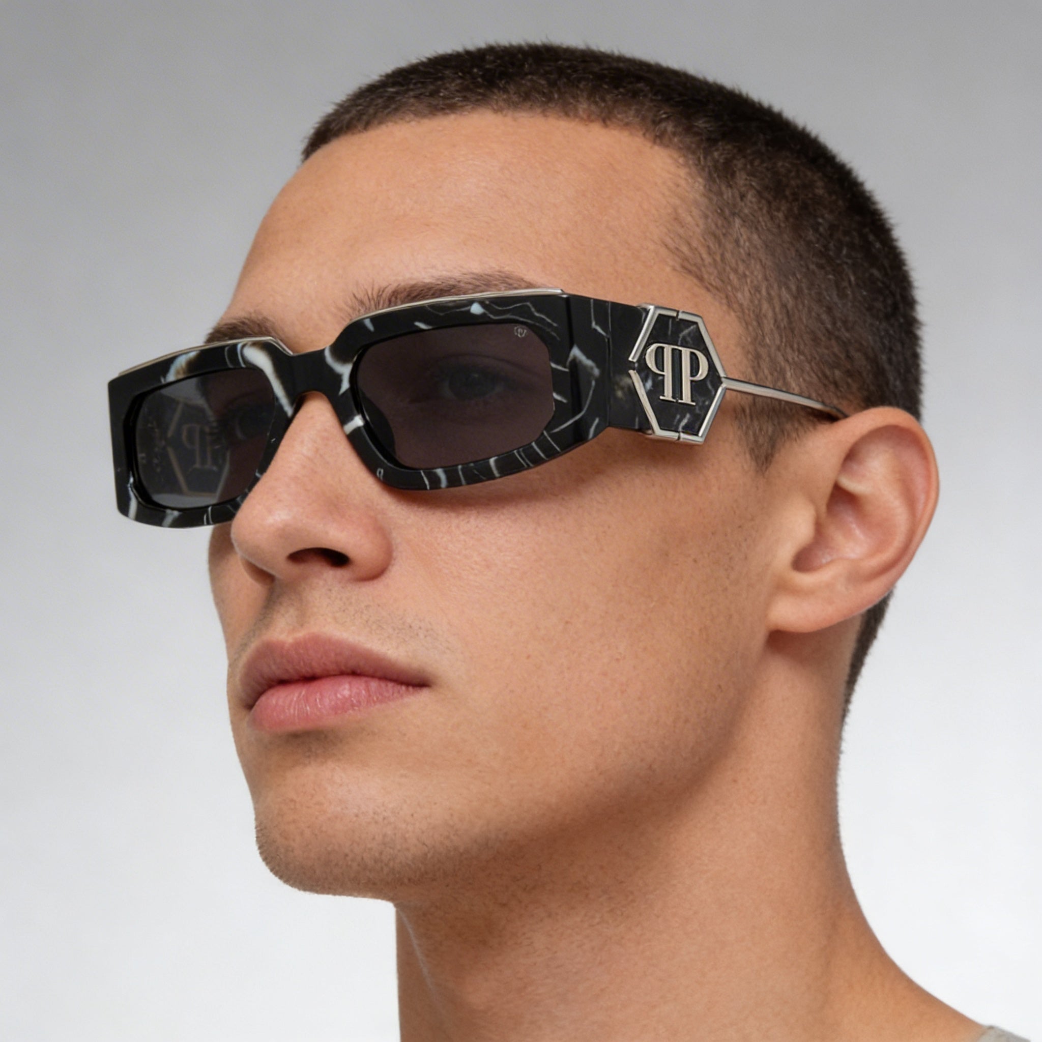 Philipp Plein Modern Men's Multi-coloured Acetate Marbled Black Lens UV Protected Sunglasses 58mm, Photo 4
