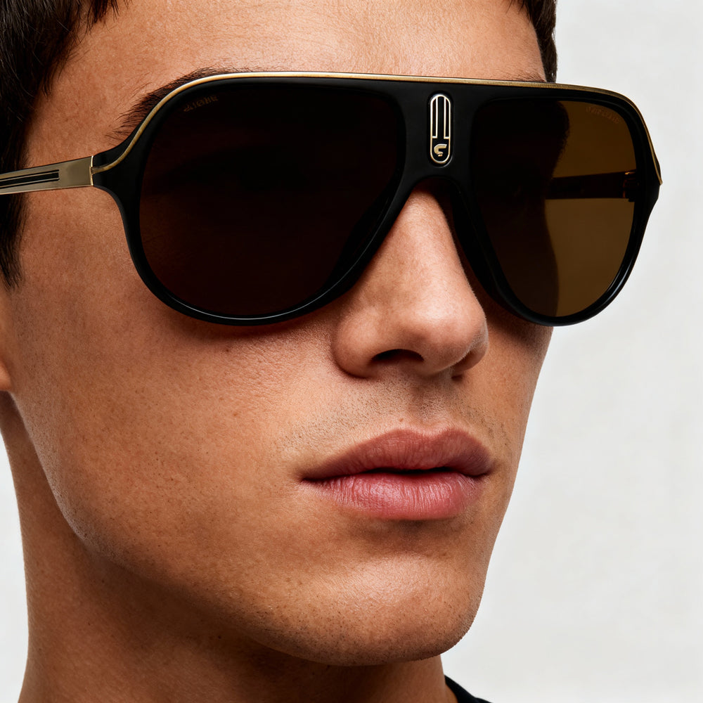 Gafas de sol Carrera Casual unisex con montura de poliamida negra y dorada, lentes polarizadas doradas de alto contraste de 62 mm