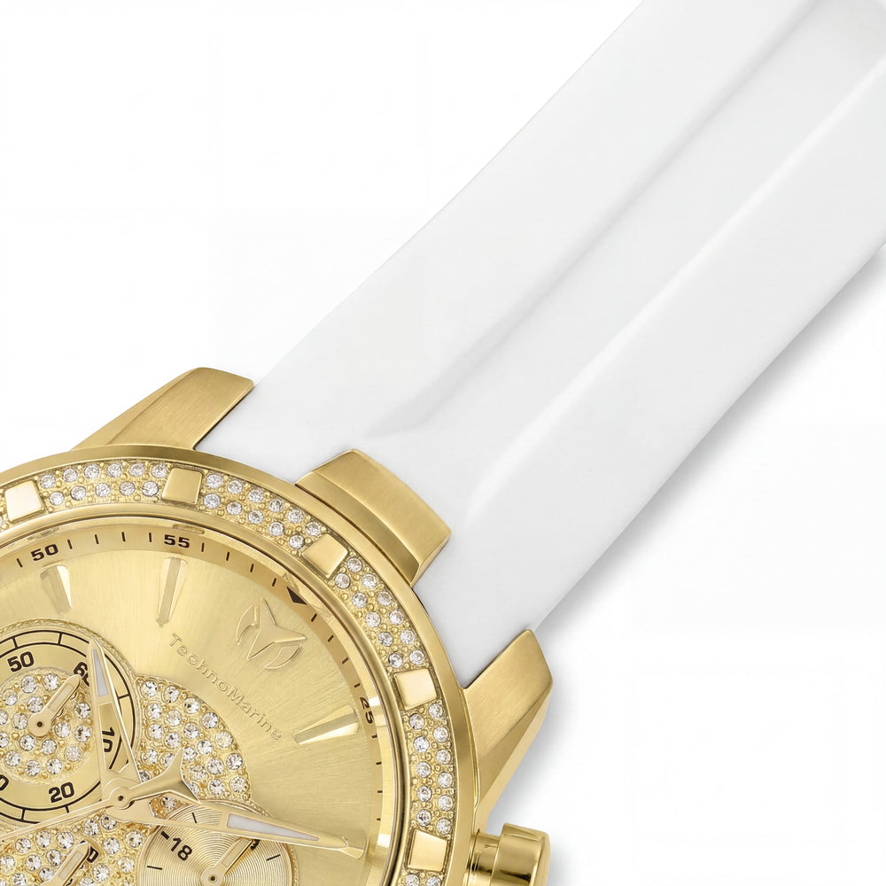 Reloj TechnoMarine de cuarzo para hombre, que brilla en la oscuridad, caja de acero inoxidable tono dorado, correa de silicona blanca, 45 mm
