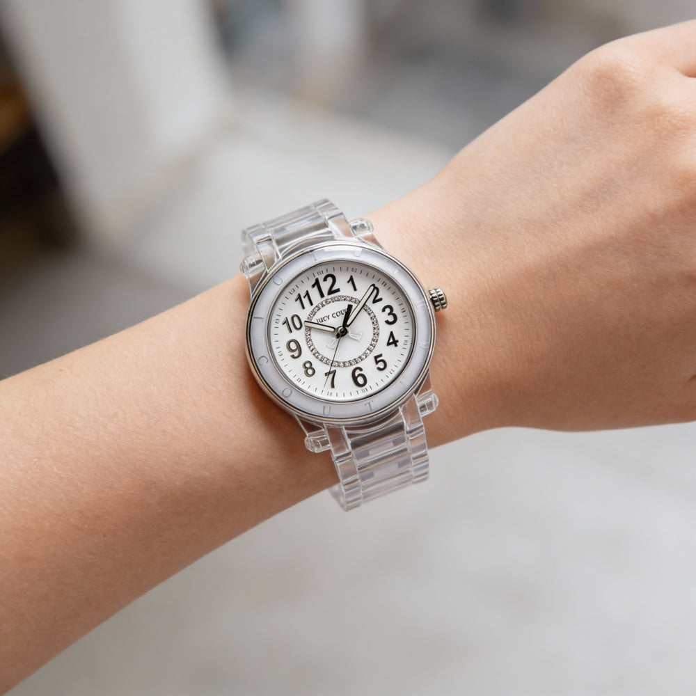 Reloj Juicy Couture 1900903 HRH para mujer, esfera blanca de plástico transparente, 38 mm