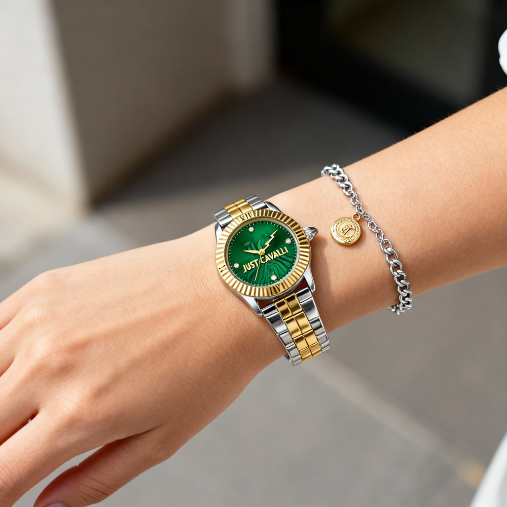 Just Cavalli Fashion Women's Bottle Green Dial Two Tone Silver & Gold Stainless Steel Quartz Watch 26mm